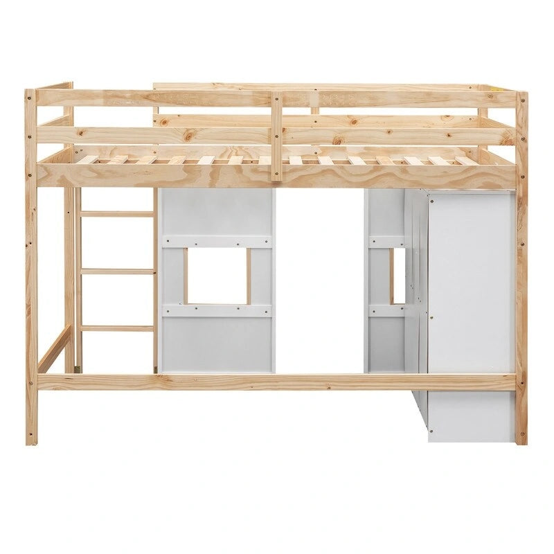 Lit mezzanine jumeau gris/blanc avec armoire intégrée et 2 fenêtres