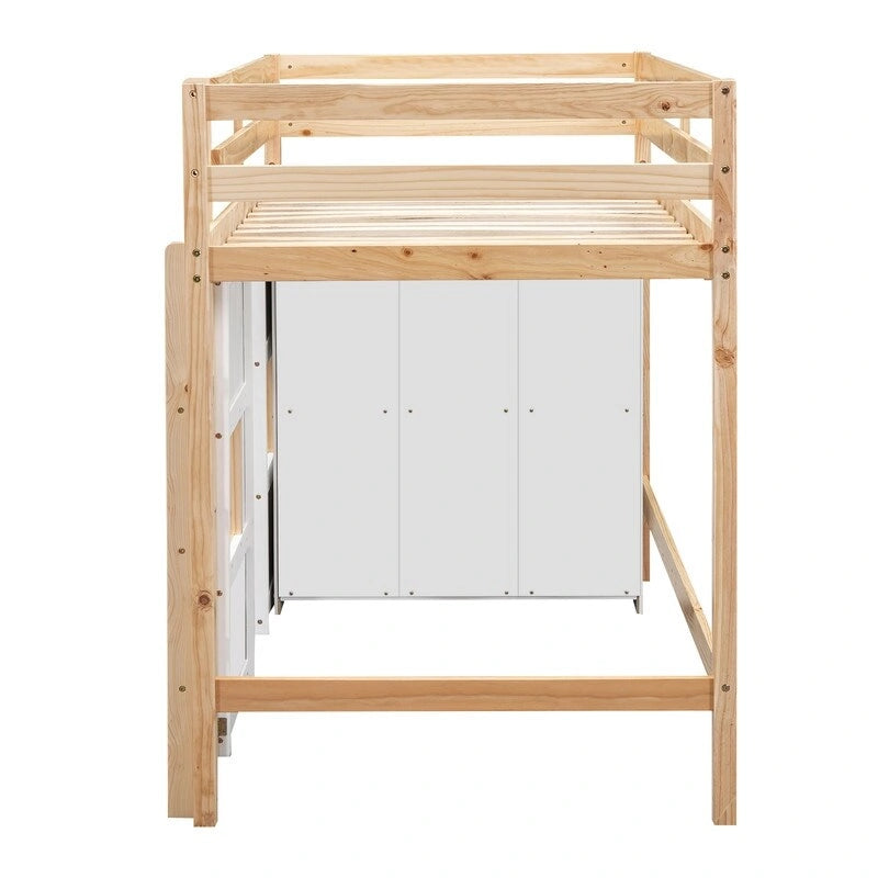 Lit mezzanine jumeau gris/blanc avec armoire intégrée et 2 fenêtres