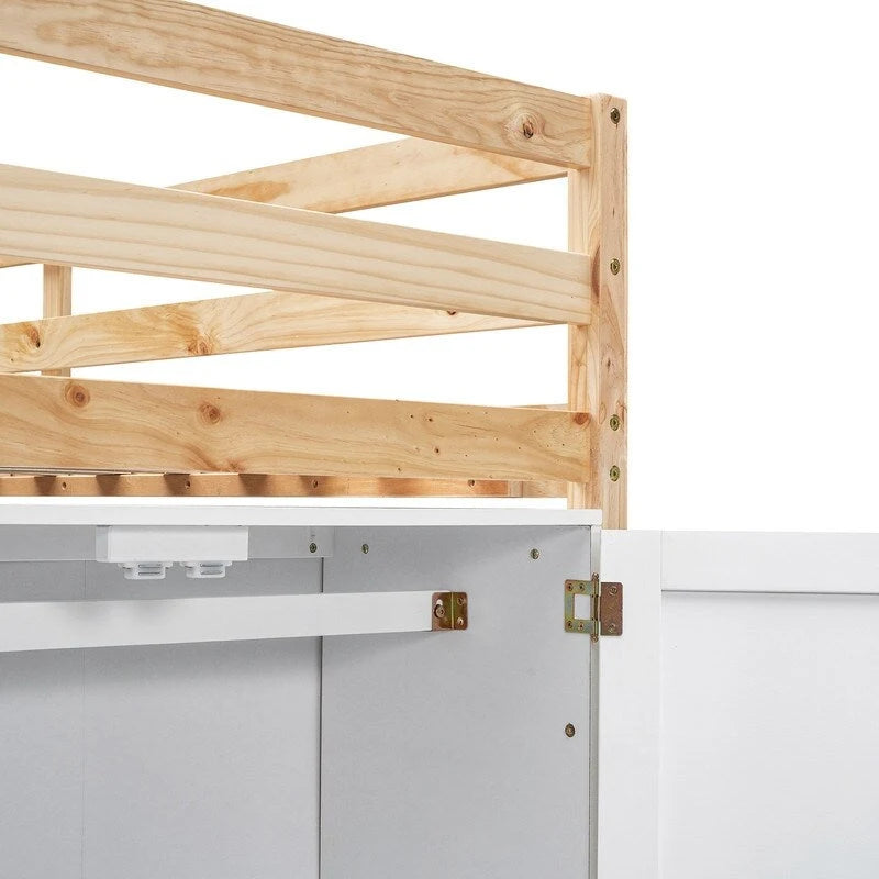 Lit mezzanine jumeau gris/blanc avec armoire intégrée et 2 fenêtres