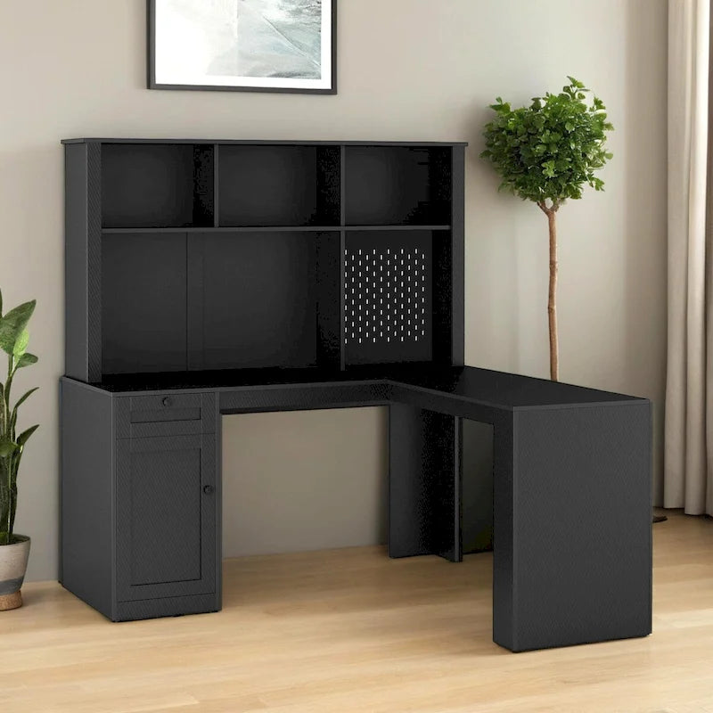 Bureau d'angle en L noir/blanc avec huche, tiroirs, éclairage LED et chargement USB