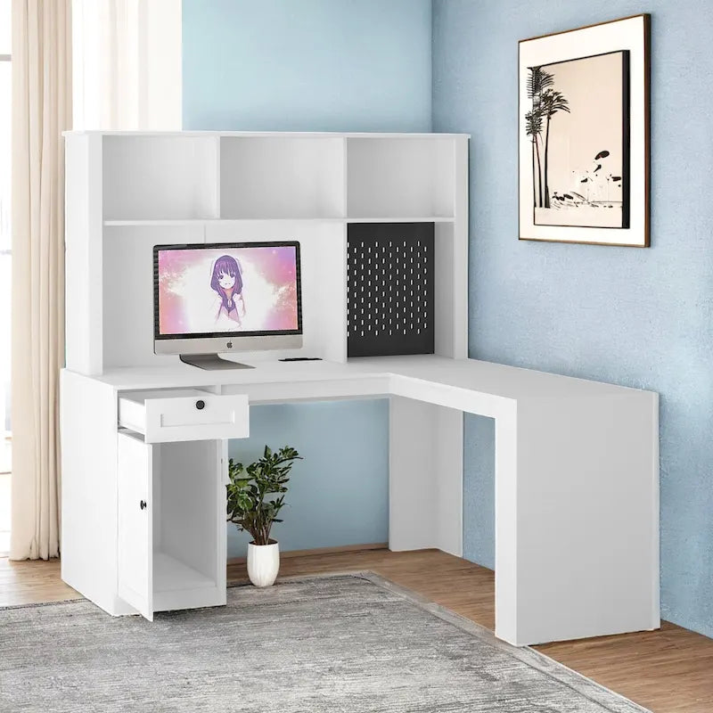 Bureau d'angle en L noir/blanc avec huche, tiroirs, éclairage LED et chargement USB