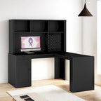 Bureau d'angle en L noir/blanc avec huche, tiroirs, éclairage LED et chargement USB
