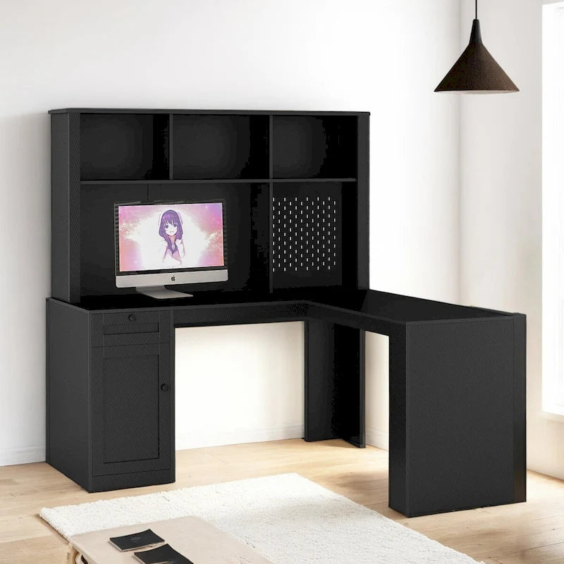 Bureau d'angle en L noir/blanc avec huche, tiroirs, éclairage LED et chargement USB