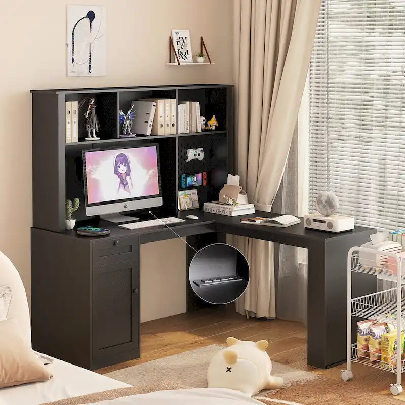 Bureau d'angle en L noir/blanc avec huche, tiroirs, éclairage LED et chargement USB