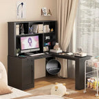 Bureau d'angle en L noir/blanc avec huche, tiroirs, éclairage LED et chargement USB