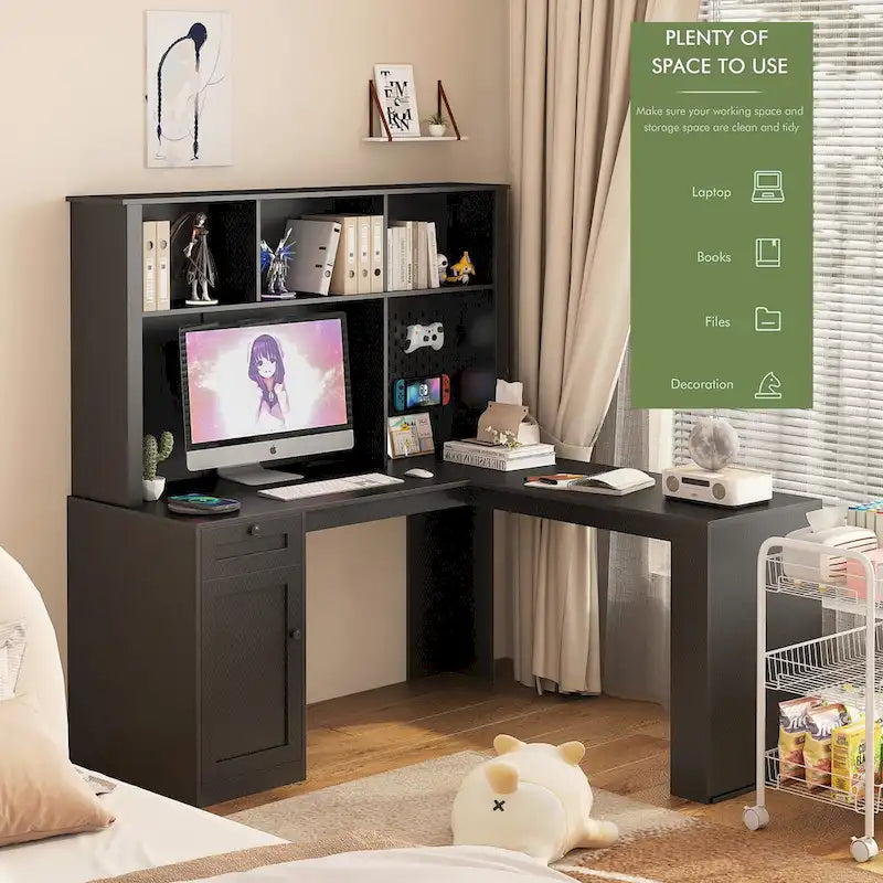 Bureau d'angle en L noir/blanc avec huche, tiroirs, éclairage LED et chargement USB