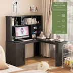 Bureau d'angle en L noir/blanc avec huche, tiroirs, éclairage LED et chargement USB