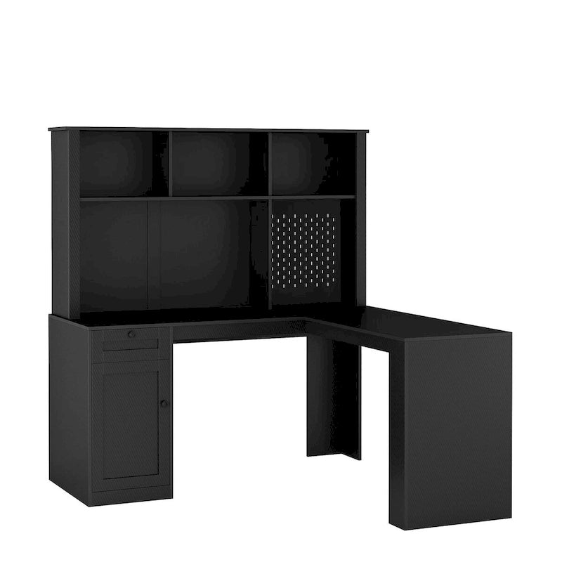 Bureau d'angle en L noir/blanc avec huche, tiroirs, éclairage LED et chargement USB