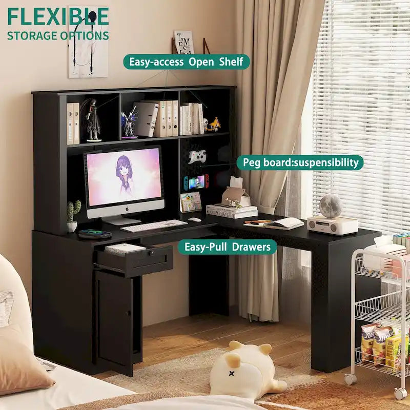 Bureau d'angle en L noir/blanc avec huche, tiroirs, éclairage LED et chargement USB