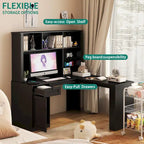 Bureau d'angle en L noir/blanc avec huche, tiroirs, éclairage LED et chargement USB