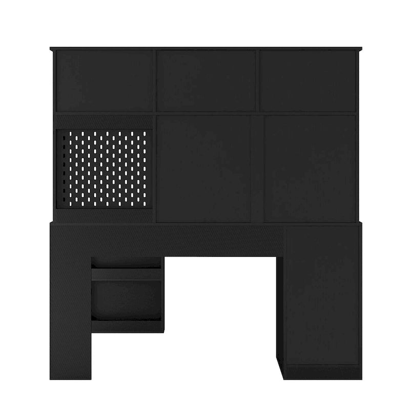 Bureau d'angle en L noir/blanc avec huche, tiroirs, éclairage LED et chargement USB