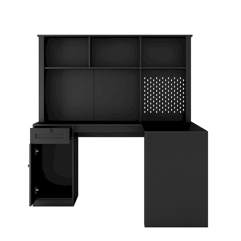 Bureau d'angle en L noir/blanc avec huche, tiroirs, éclairage LED et chargement USB