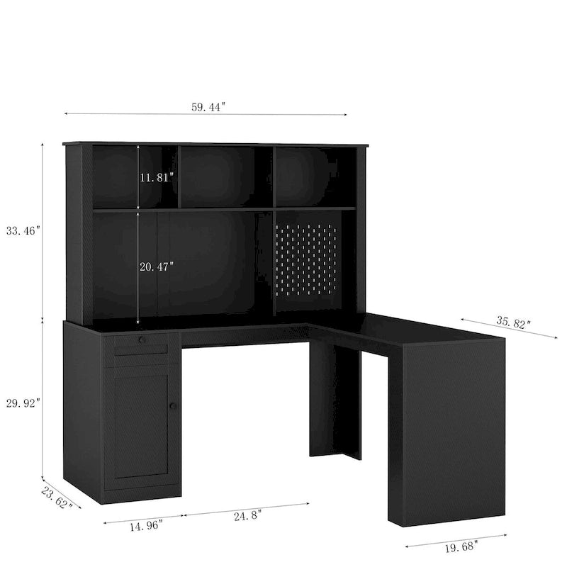 Bureau d'angle en L noir/blanc avec huche, tiroirs, éclairage LED et chargement USB