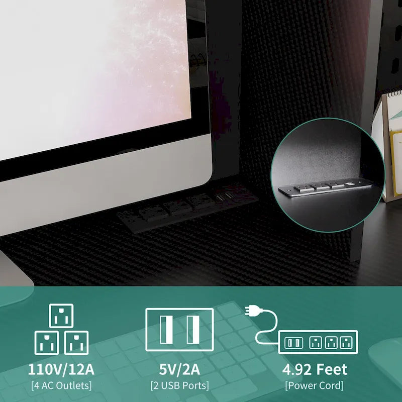 Bureau d'angle en L noir/blanc avec huche, tiroirs, éclairage LED et chargement USB