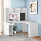 Bureau d'angle en L noir/blanc avec huche, tiroirs, éclairage LED et chargement USB