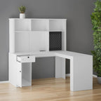Bureau d'angle en L noir/blanc avec huche, tiroirs, éclairage LED et chargement USB