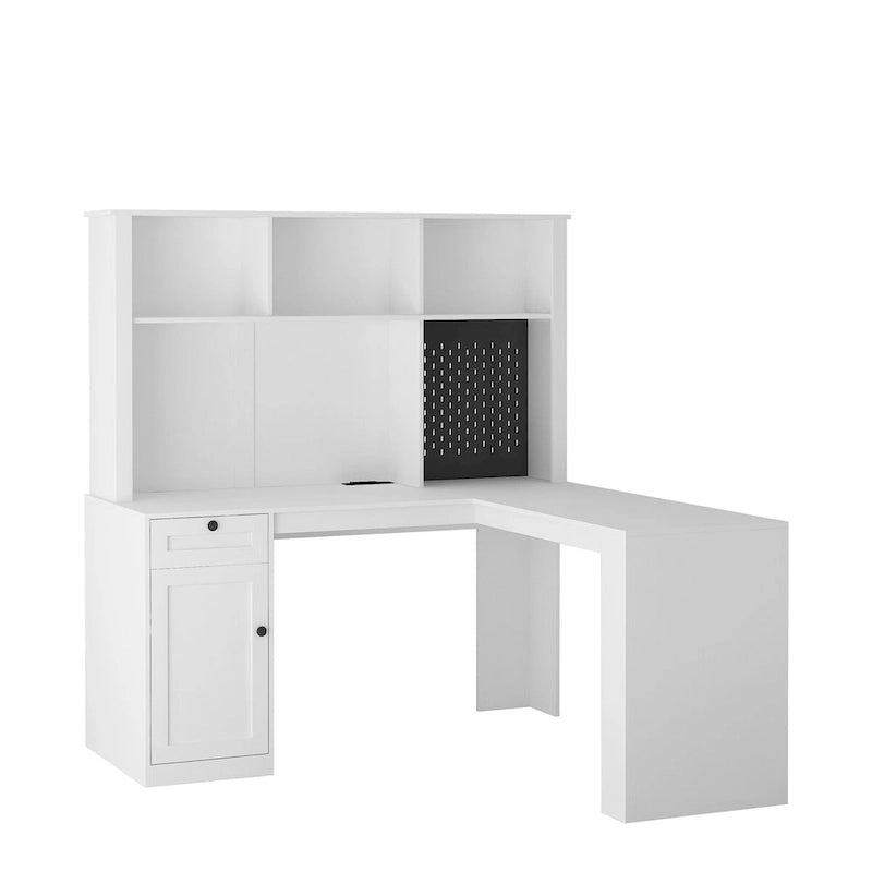 Bureau d'angle en L noir/blanc avec huche, tiroirs, éclairage LED et chargement USB