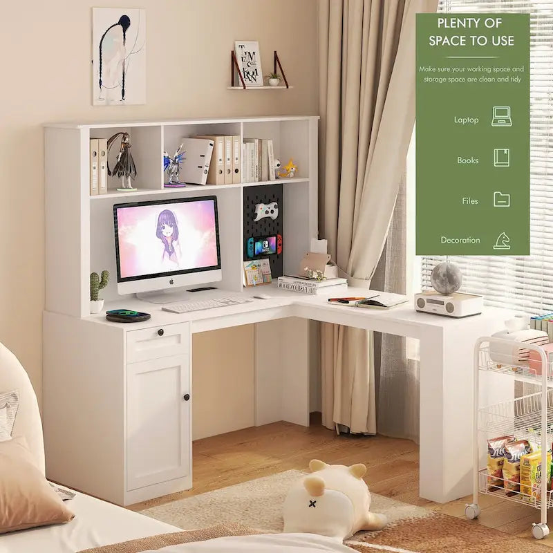 Bureau d'angle en L noir/blanc avec huche, tiroirs, éclairage LED et chargement USB