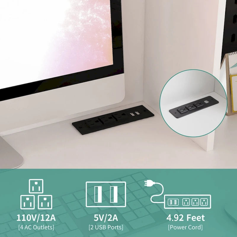 Bureau d'angle en L noir/blanc avec huche, tiroirs, éclairage LED et chargement USB