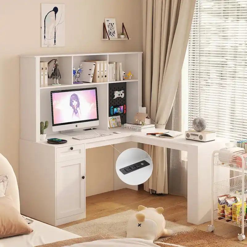 Bureau d'angle en L noir/blanc avec huche, tiroirs, éclairage LED et chargement USB