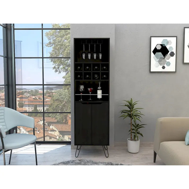 Meuble bar noir avec 8 étagères ouvertes et un rangement à 2 portes