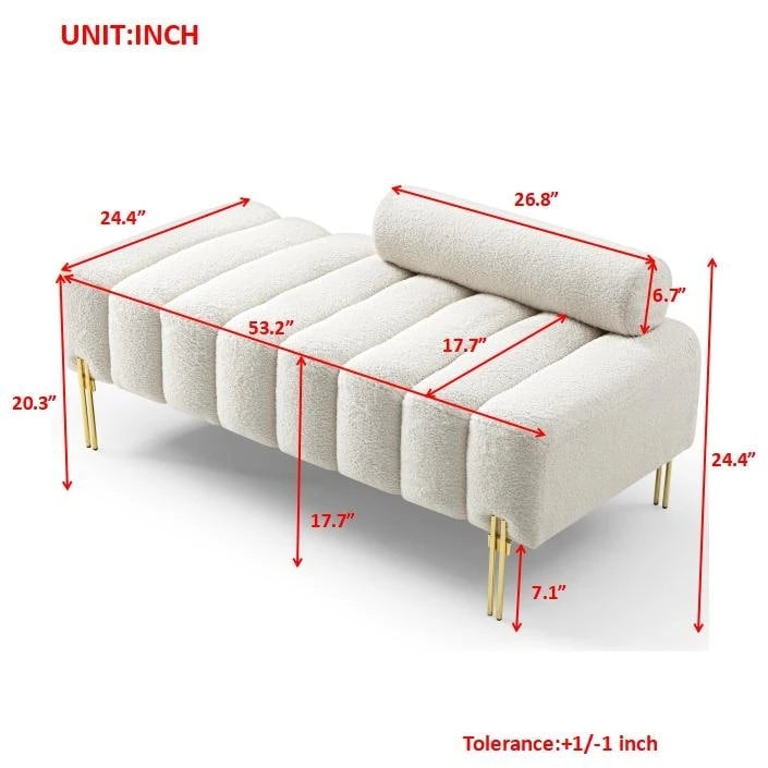 Banc de bout de lit en tissu sherpa rose/beige avec dossier réglable et pieds dorés