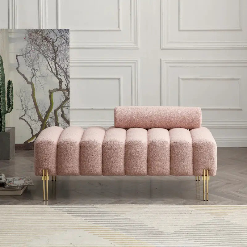 Banc de bout de lit en tissu sherpa rose/beige avec dossier réglable et pieds dorés