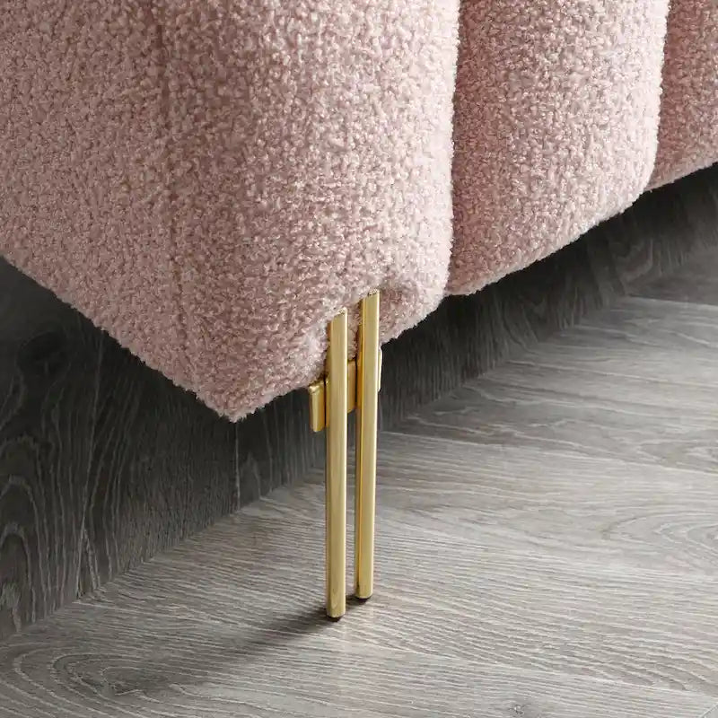 Banc de bout de lit en tissu sherpa rose/beige avec dossier réglable et pieds dorés